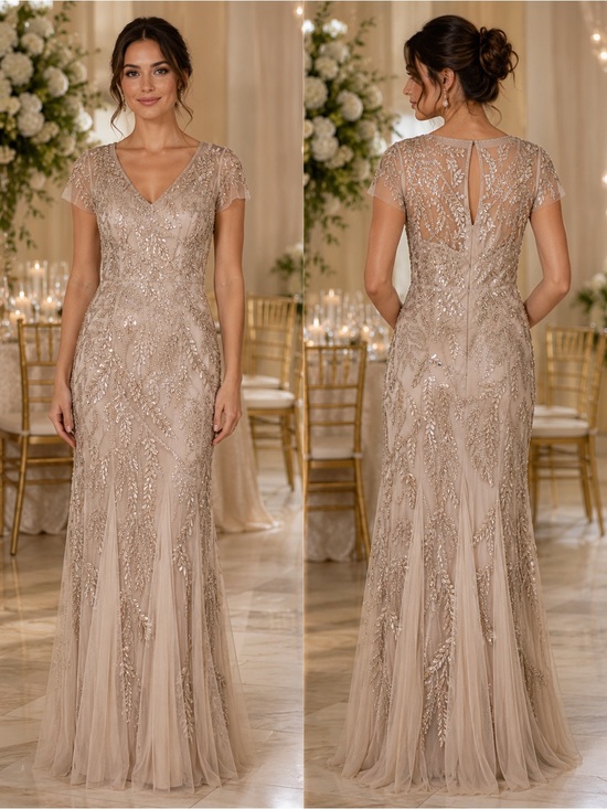 David's Bridal Dresses & Skirts - David's Bridal Champagne Beaded V-Neck Maxi Dress Formal Gown NWT